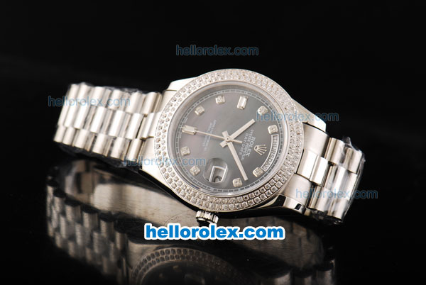 Rolex Day Date II Automatic Movement Full Steel with Double Row Diamond Bezel-Diamond Markers and Black MOP Dial - Click Image to Close